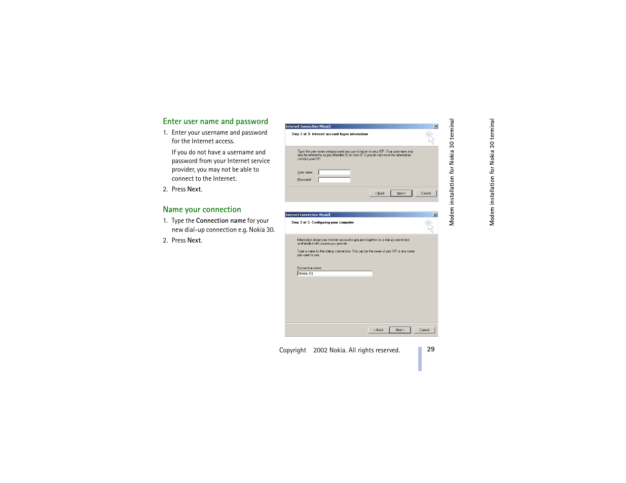 Enter user name and password, Name your connection | Nokia 30 GSM User Manual | Page 29 / 56