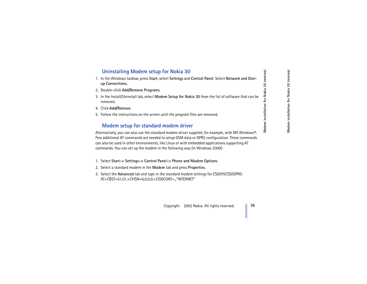 Uninstalling modem setup for nokia 30, Modem setup for standard modem driver | Nokia 30 GSM User Manual | Page 36 / 56