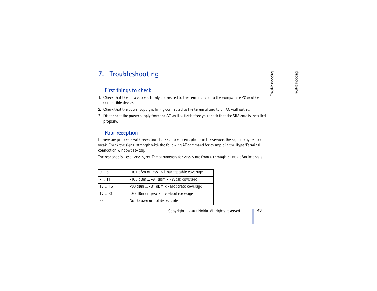 Troubleshooting, First things to check, Poor reception | Nokia 30 GSM User Manual | Page 43 / 56