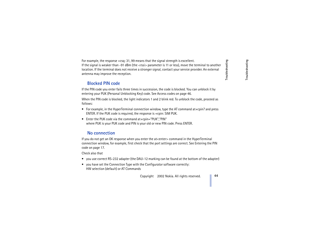 Blocked pin code, No connection | Nokia 30 GSM User Manual | Page 44 / 56