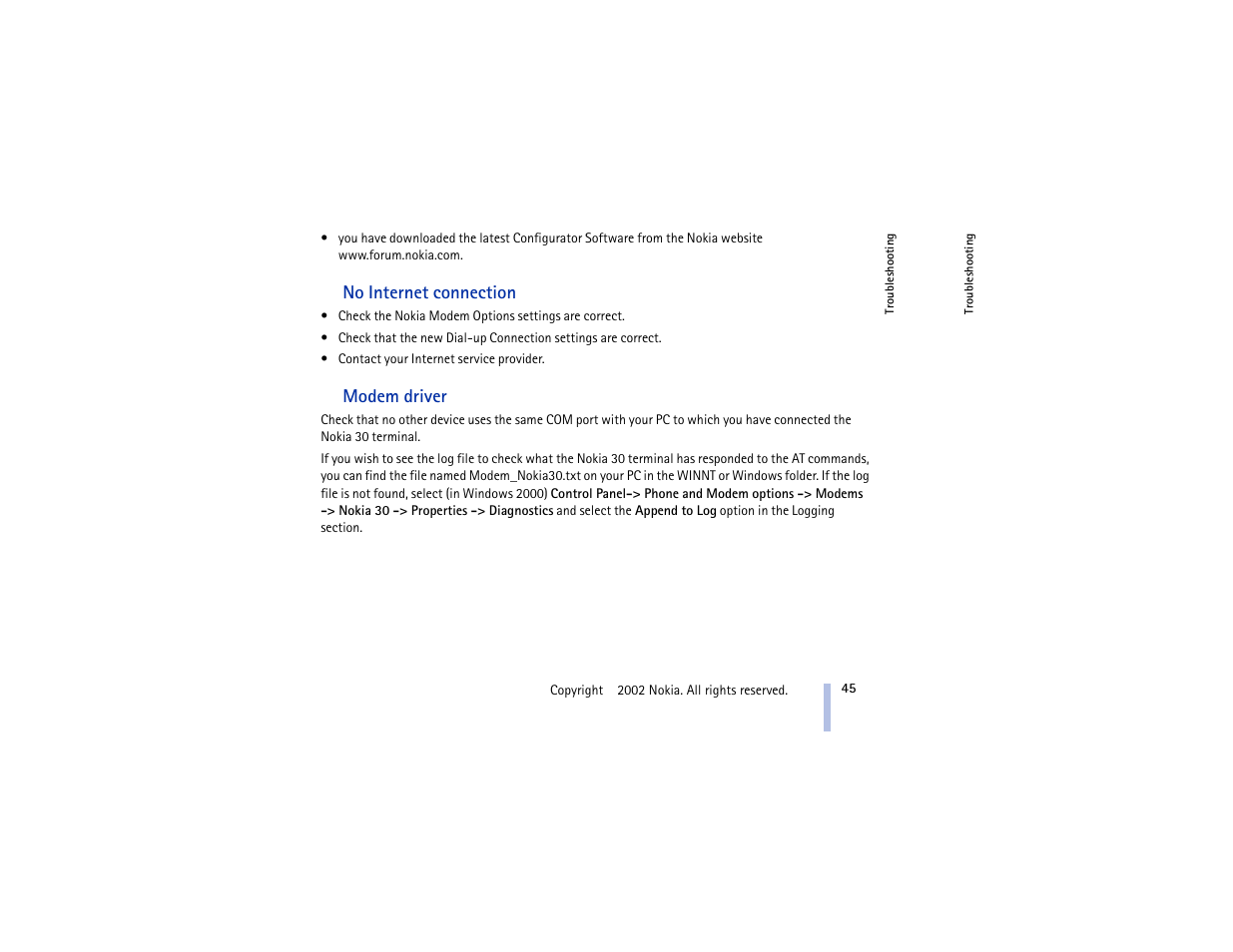 No internet connection, Modem driver | Nokia 30 GSM User Manual | Page 45 / 56