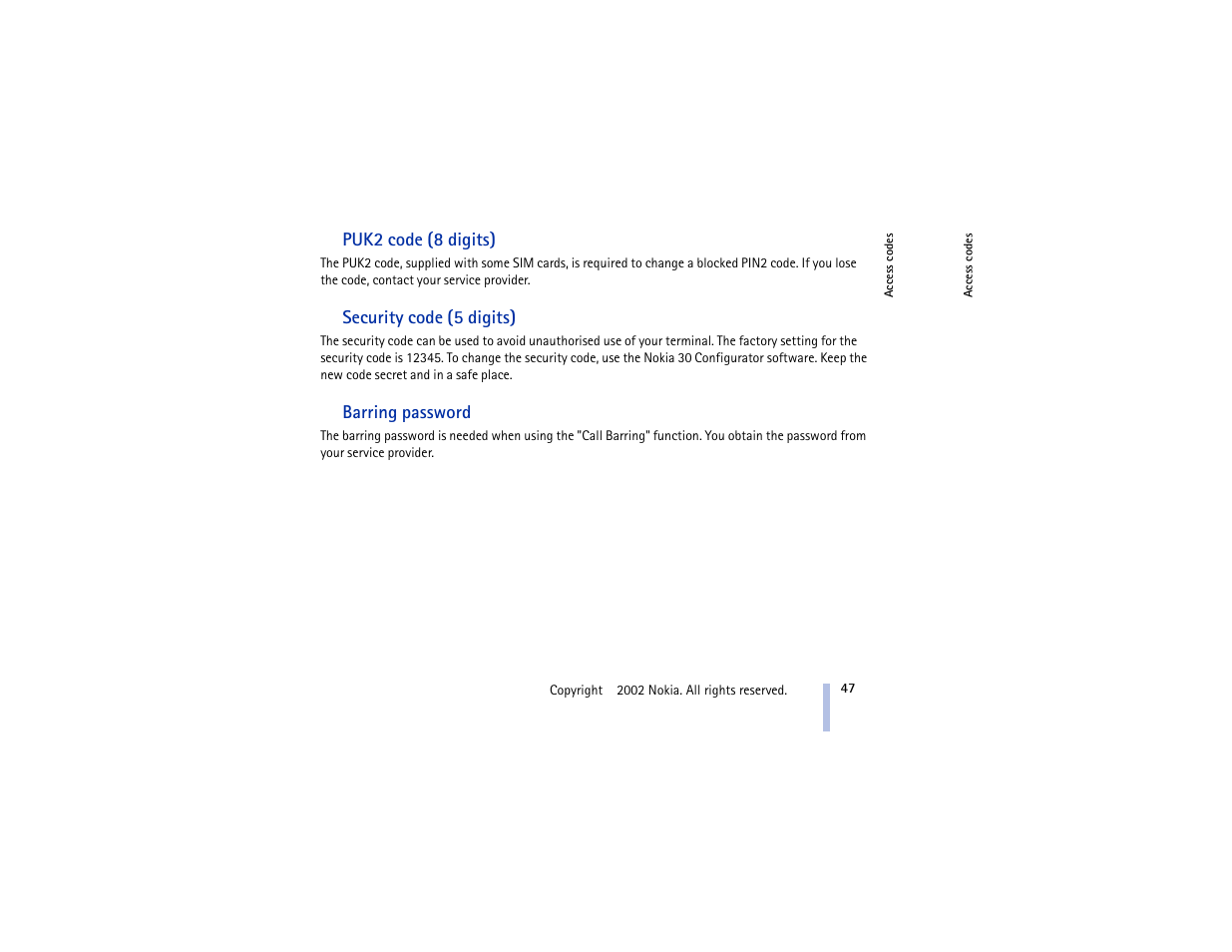 Puk2 code (8 digits), Security code (5 digits), Barring password | Nokia 30 GSM User Manual | Page 47 / 56