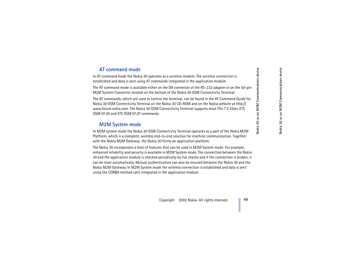 At command mode, M2m system mode | Nokia 30 GSM User Manual | Page 49 / 56