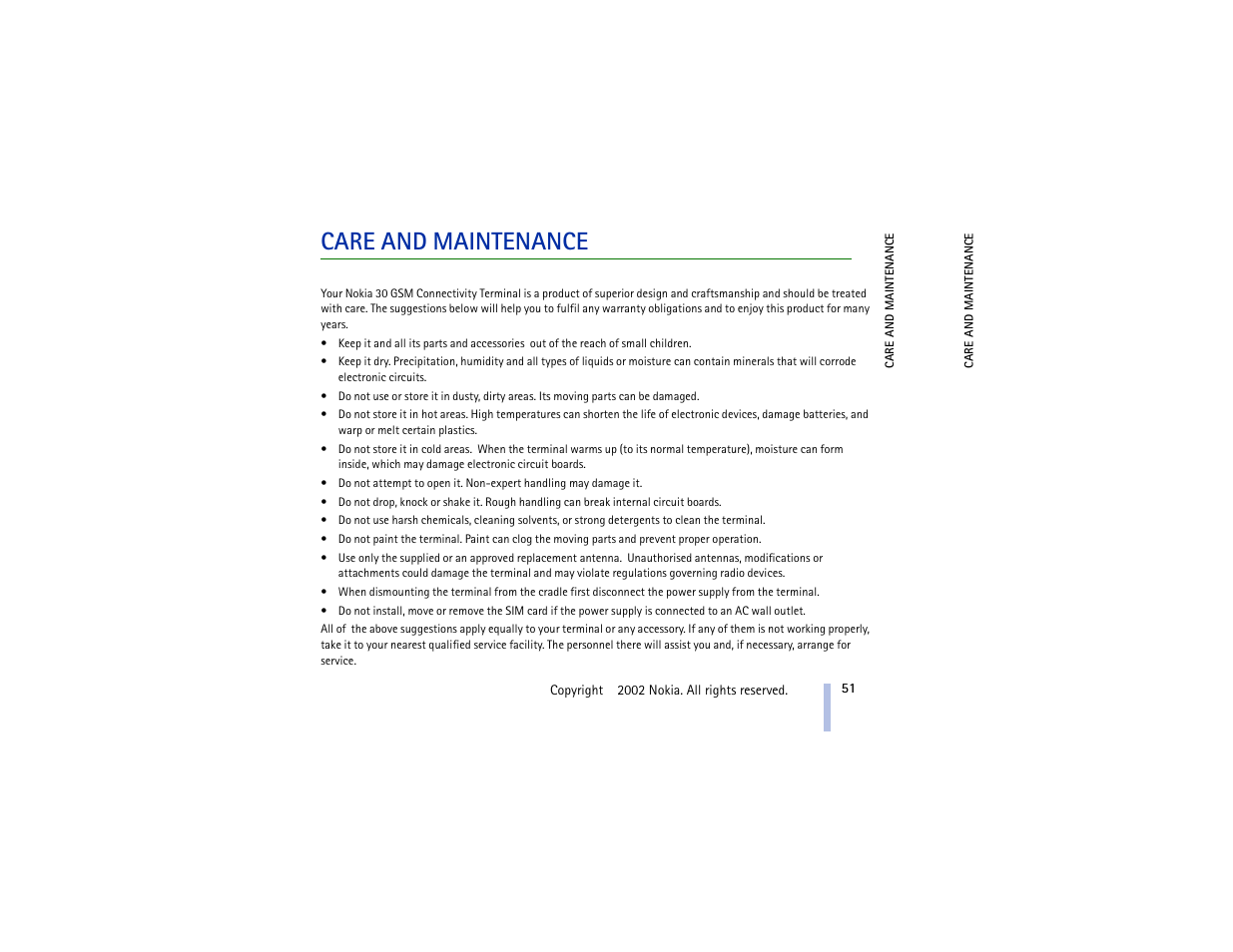 Care and maintenance | Nokia 30 GSM User Manual | Page 51 / 56