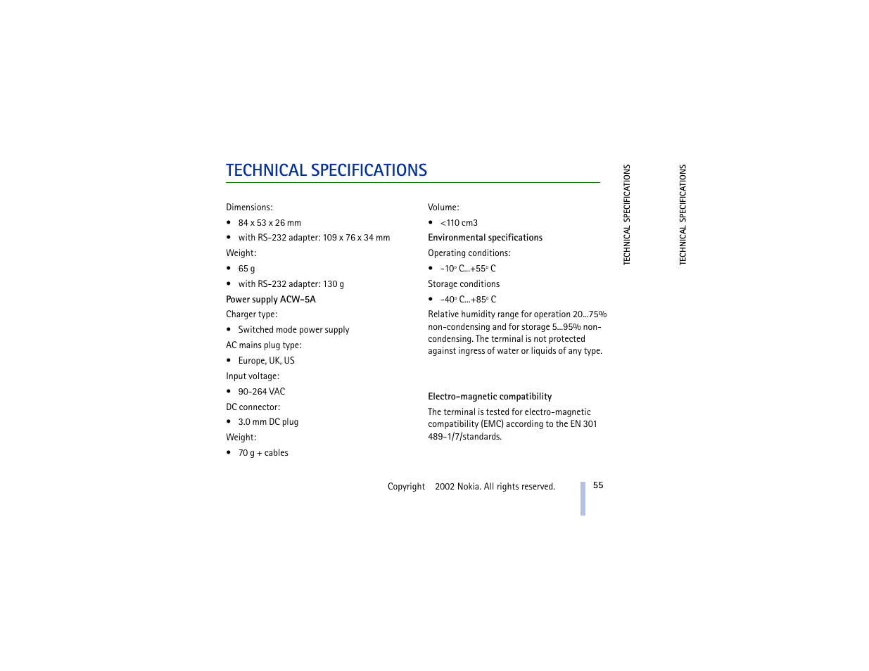 Technical specifications | Nokia 30 GSM User Manual | Page 55 / 56