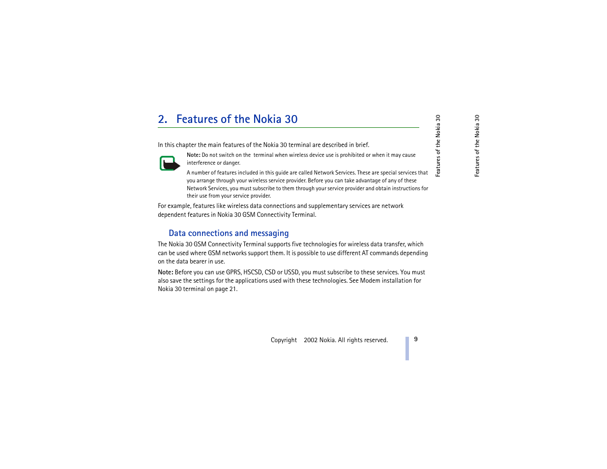 Features of the nokia 30, Data connections and messaging | Nokia 30 GSM User Manual | Page 9 / 56