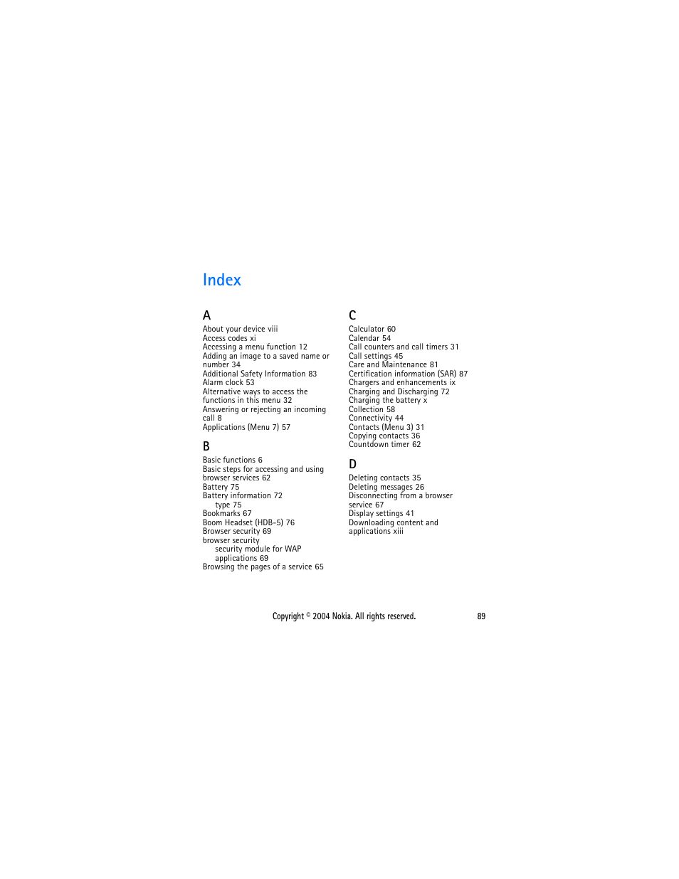 Index | Nokia 2650 User Manual | Page 104 / 106