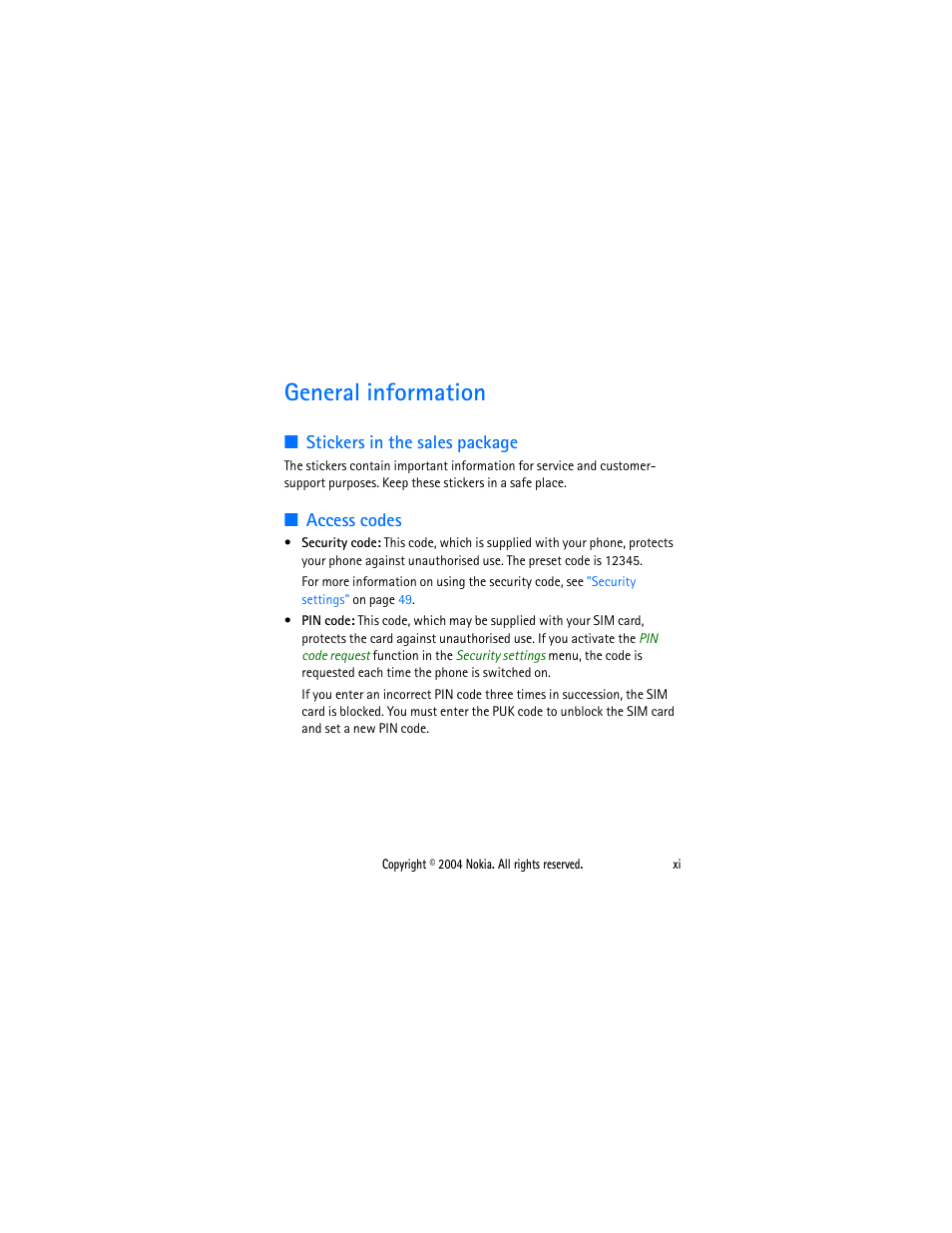 General information, Stickers in the sales package, Access codes | General information ................ xi | Nokia 2650 User Manual | Page 12 / 106