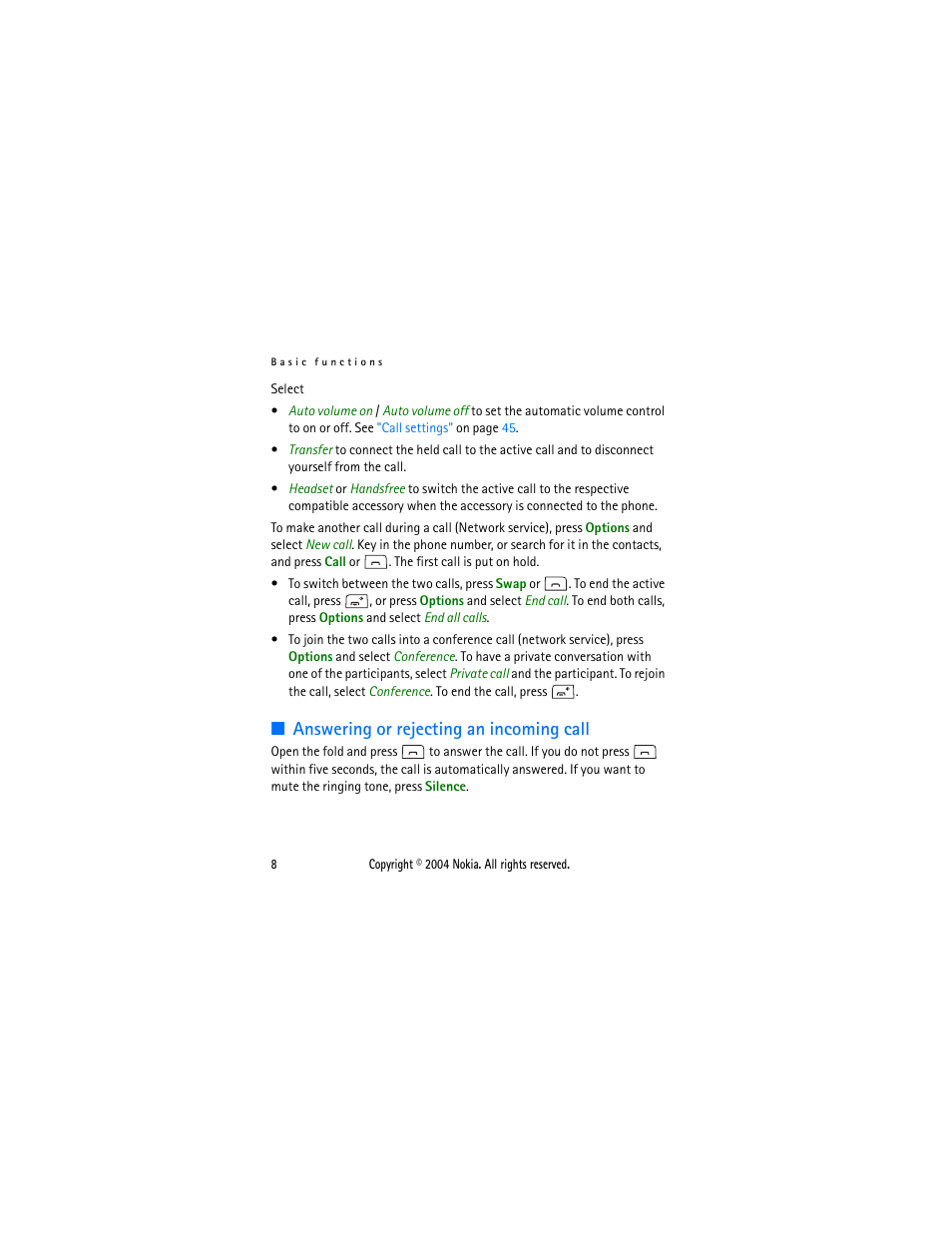 Answering or rejecting an incoming call | Nokia 2650 User Manual | Page 23 / 106