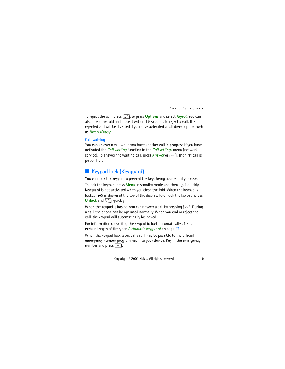 Keypad lock (keyguard) | Nokia 2650 User Manual | Page 24 / 106