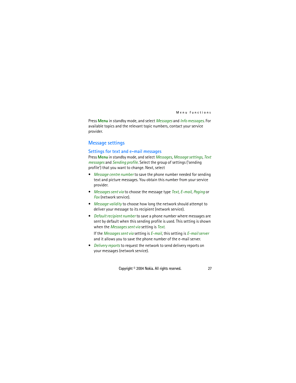 Message settings | Nokia 2650 User Manual | Page 42 / 106