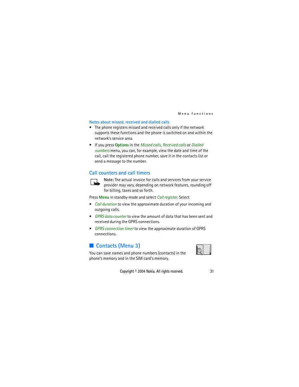 Call counters and call timers, Contacts (menu 3) | Nokia 2650 User Manual | Page 46 / 106