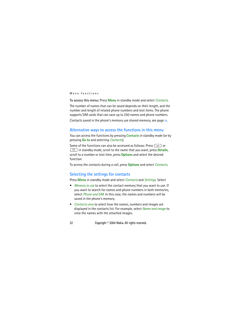Selecting the settings for contacts | Nokia 2650 User Manual | Page 47 / 106