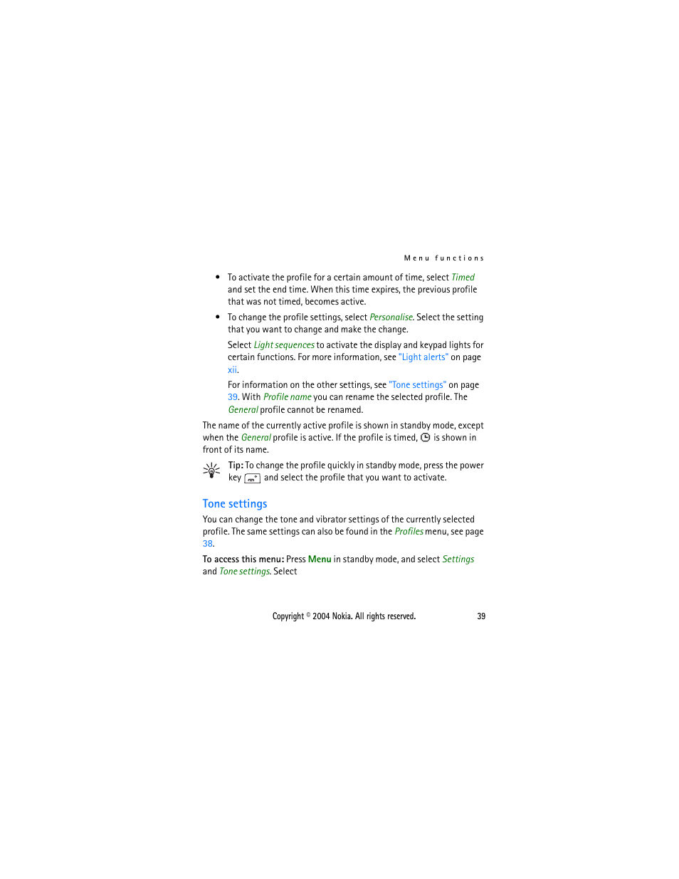 Tone settings | Nokia 2650 User Manual | Page 54 / 106