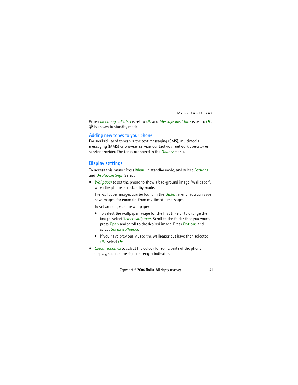 Display settings | Nokia 2650 User Manual | Page 56 / 106