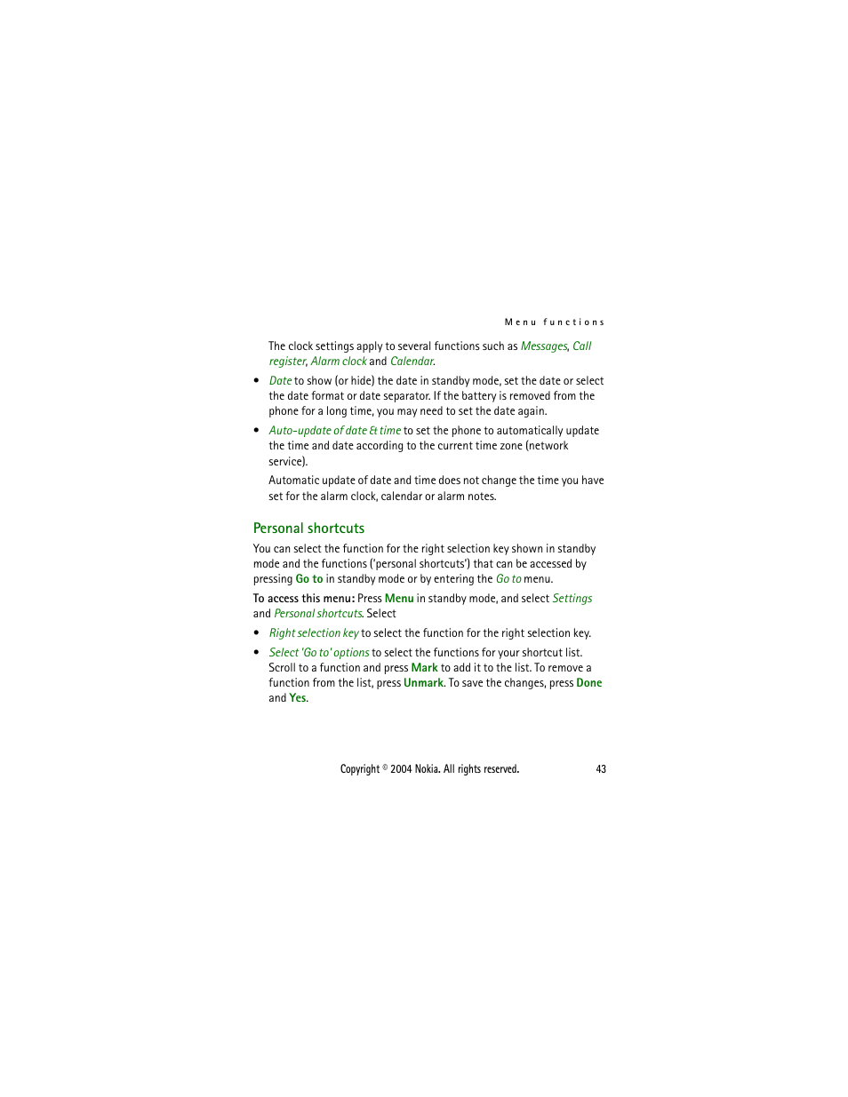 Personal shortcuts | Nokia 2650 User Manual | Page 58 / 106
