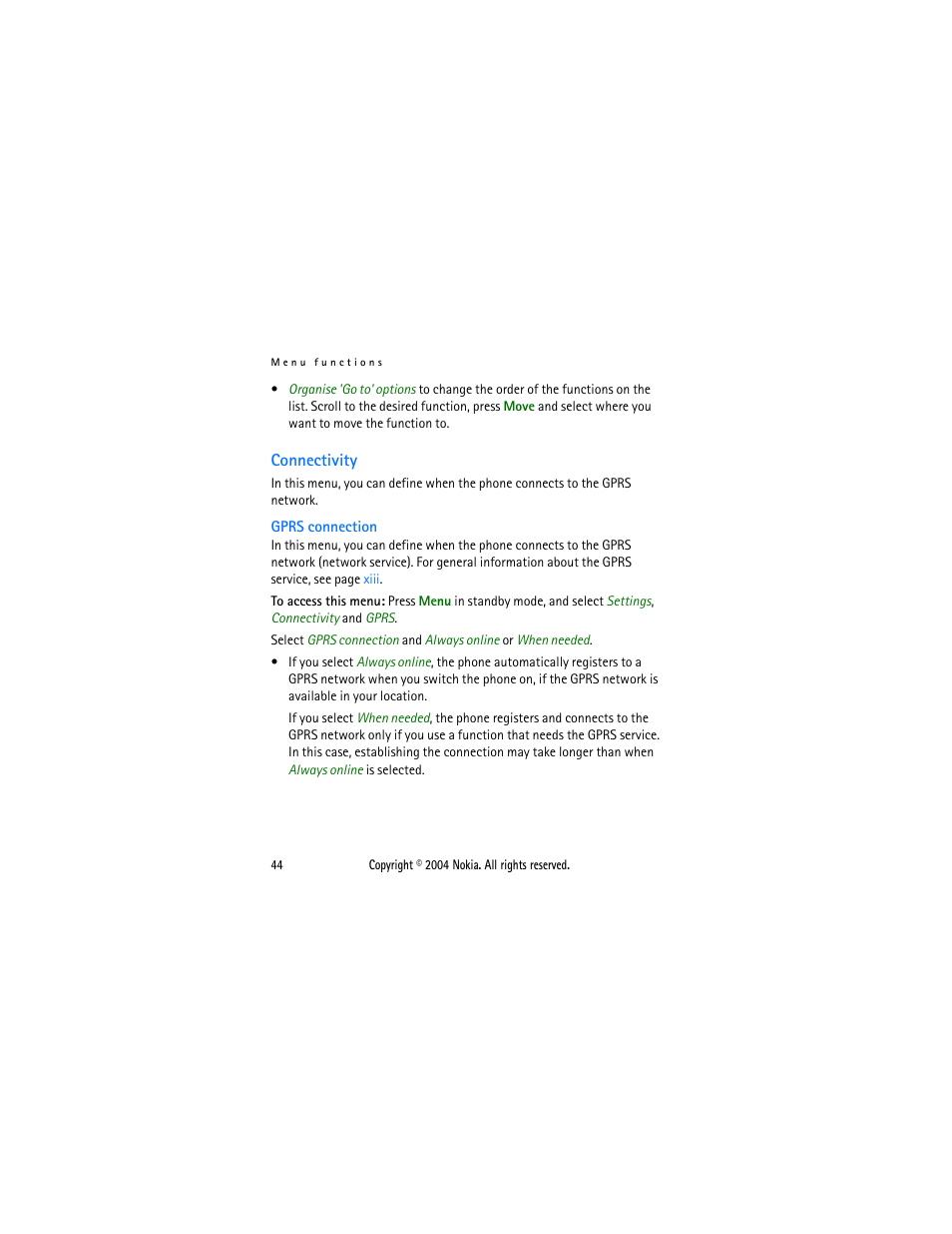 Connectivity, Gprs connection | Nokia 2650 User Manual | Page 59 / 106