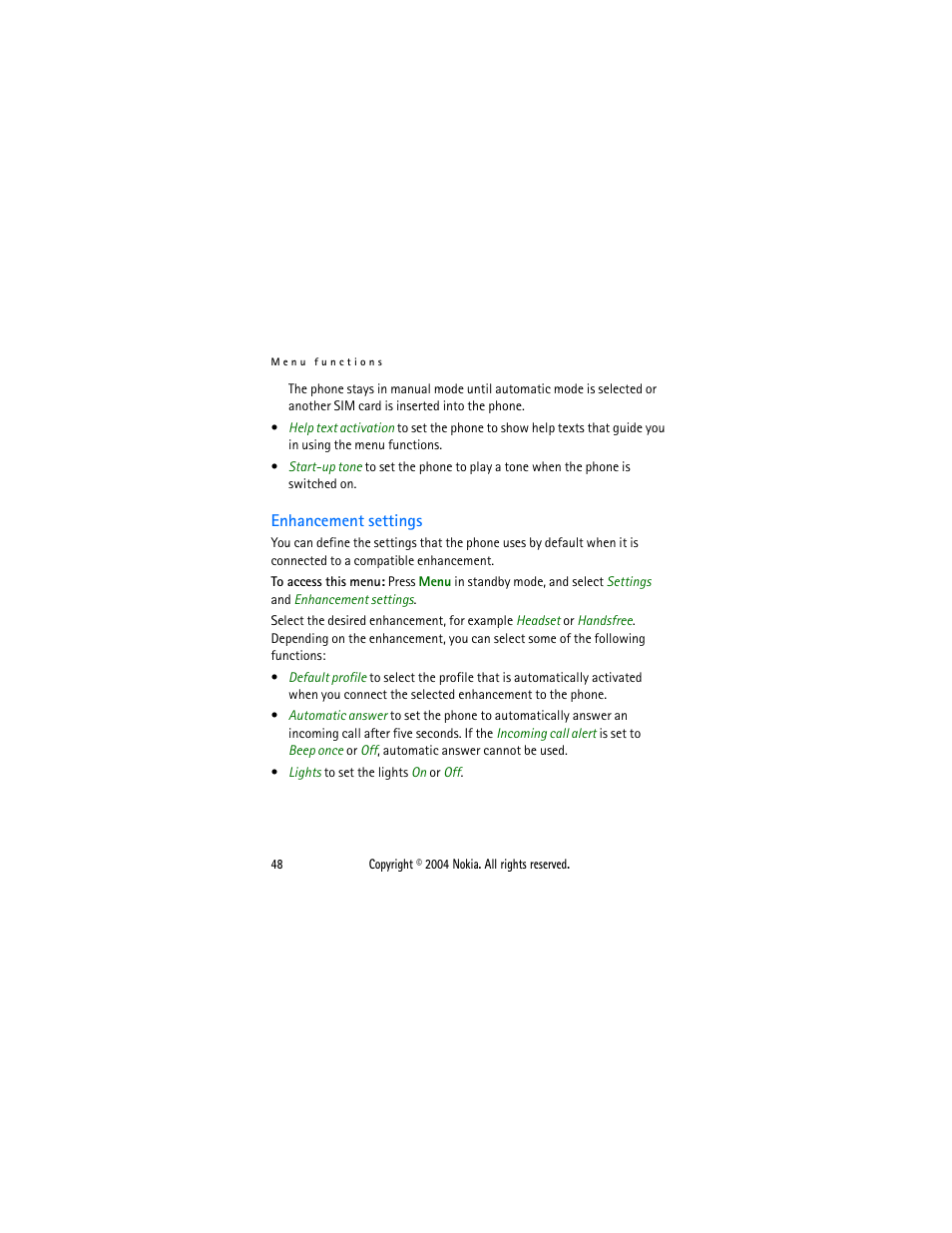 Enhancement settings | Nokia 2650 User Manual | Page 63 / 106