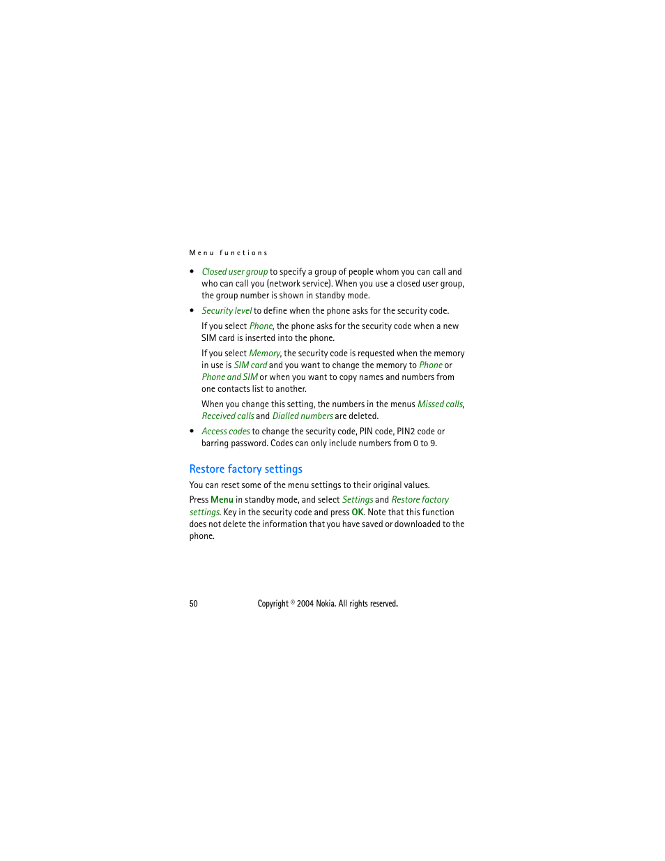 Restore factory settings | Nokia 2650 User Manual | Page 65 / 106