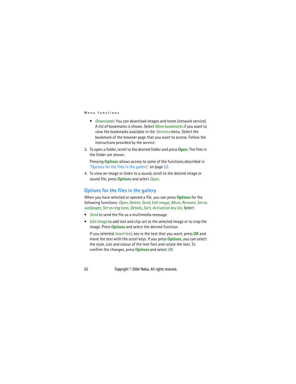 Options for the files in the gallery | Nokia 2650 User Manual | Page 67 / 106