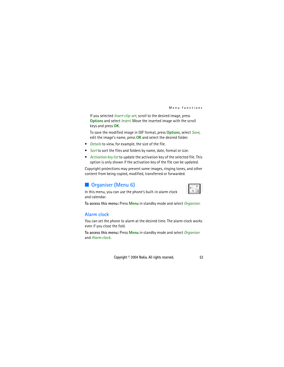Organiser (menu 6), Alarm clock | Nokia 2650 User Manual | Page 68 / 106