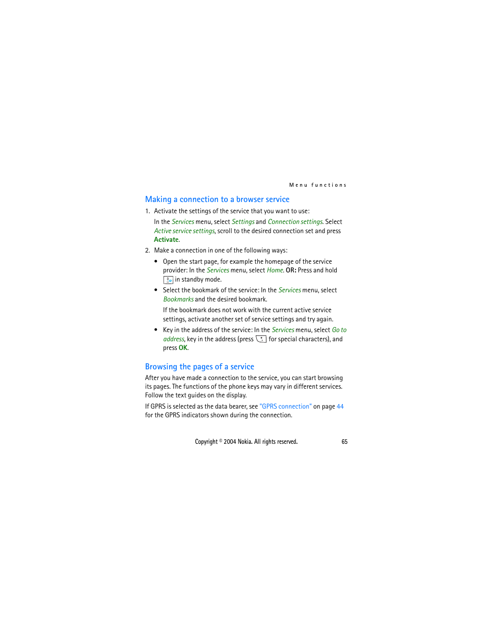 Making a connection to a browser service | Nokia 2650 User Manual | Page 80 / 106