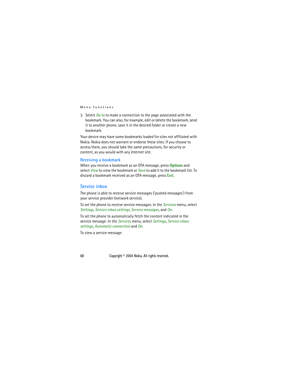 Service inbox | Nokia 2650 User Manual | Page 83 / 106