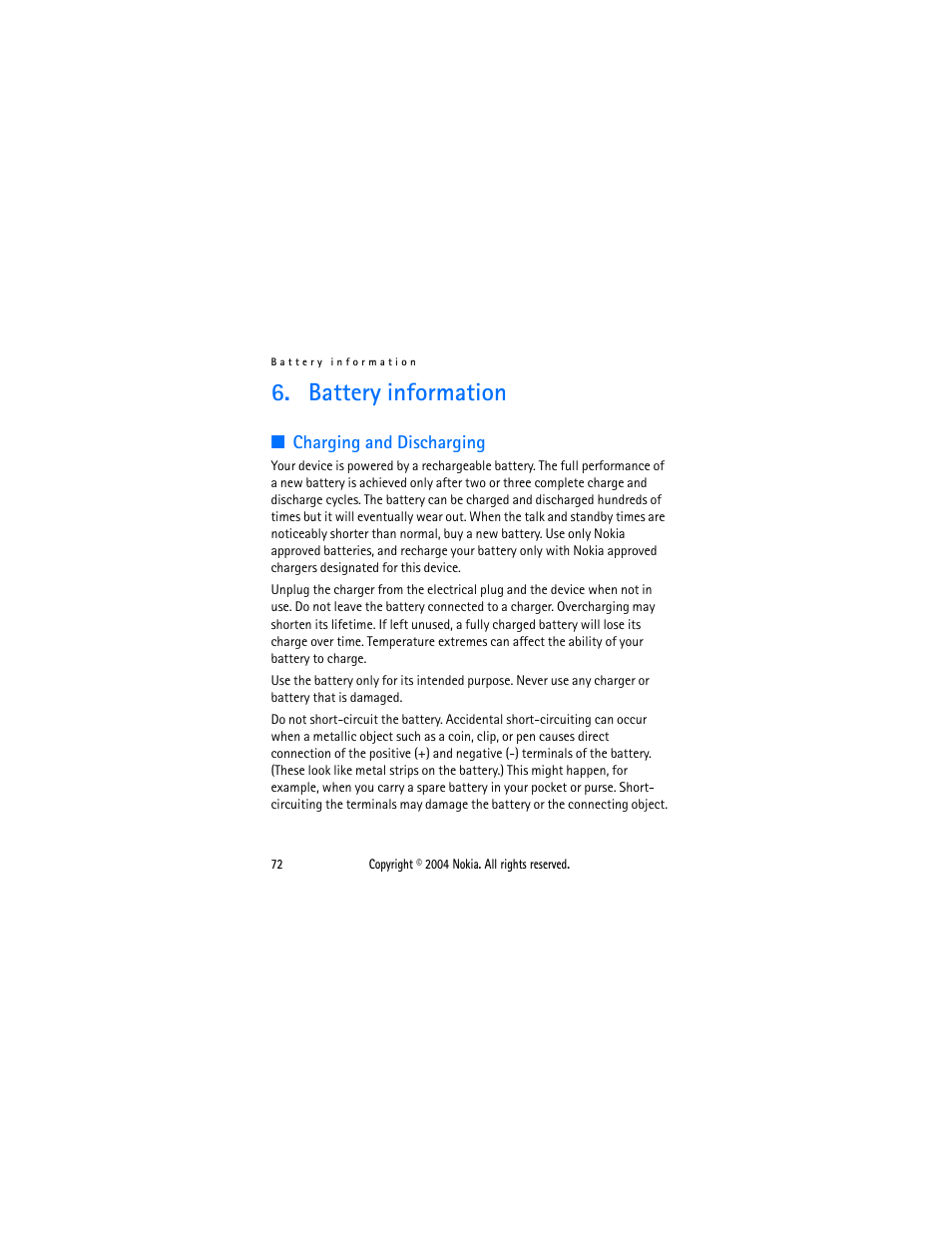 Battery information, Charging and discharging | Nokia 2650 User Manual | Page 87 / 106