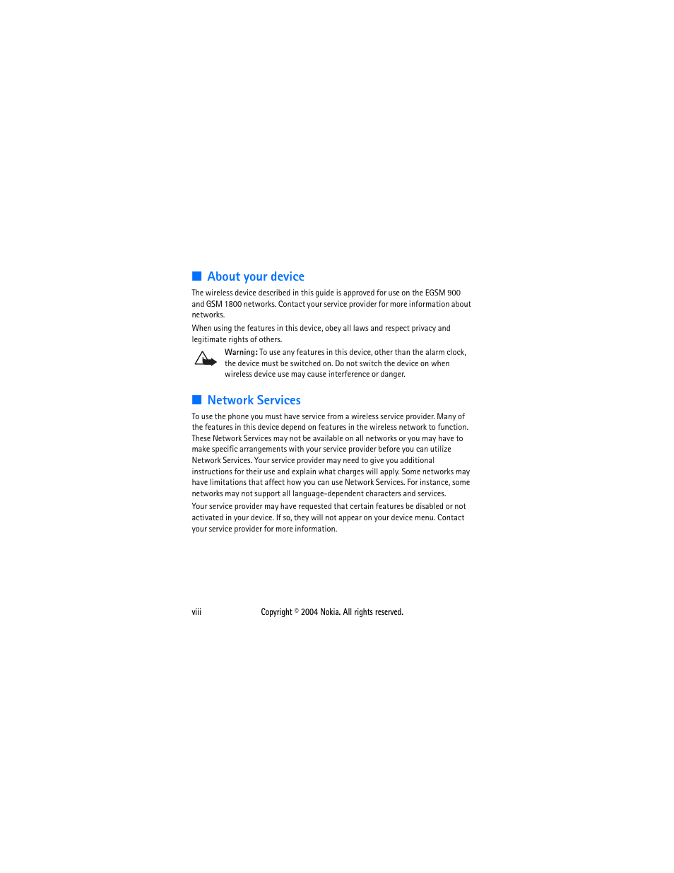 About your device, Network services | Nokia 2650 User Manual | Page 9 / 106