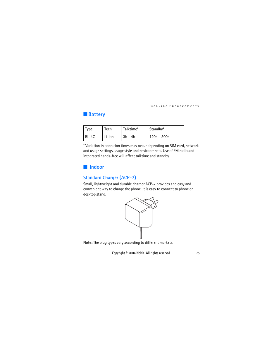 Battery, Indoor, Standard charger (acp-7) | Battery indoor | Nokia 2650 User Manual | Page 90 / 106