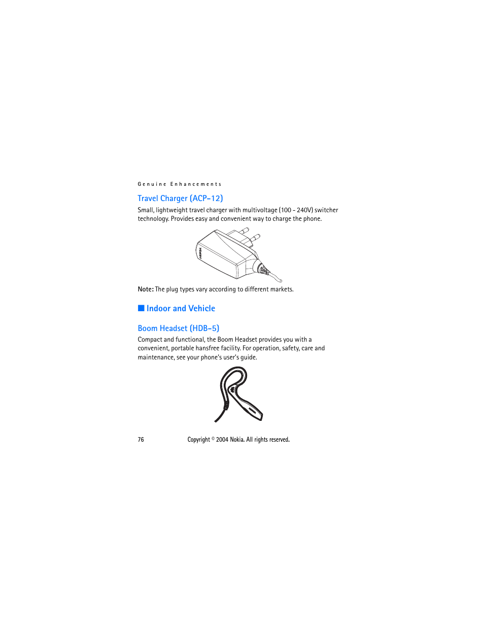 Travel charger (acp-12), Indoor and vehicle, Boom headset (hdb-5) | Nokia 2650 User Manual | Page 91 / 106