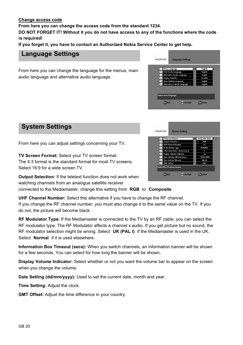 Language settings system settings | Nokia 9450 S User Manual | Page 20 / 28