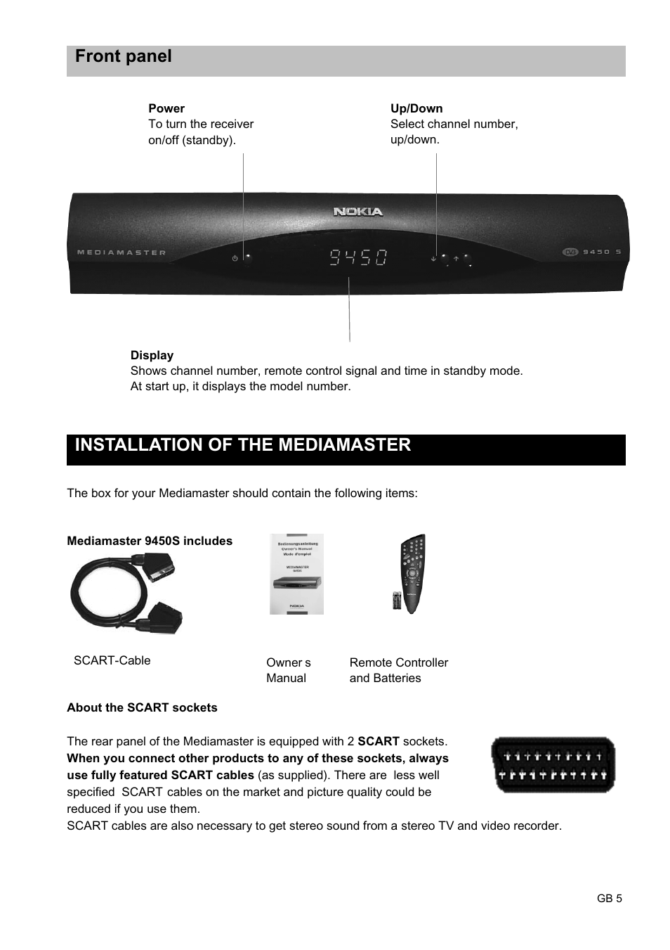 Front panel, Installation of the mediamaster | Nokia 9450 S User Manual | Page 5 / 28