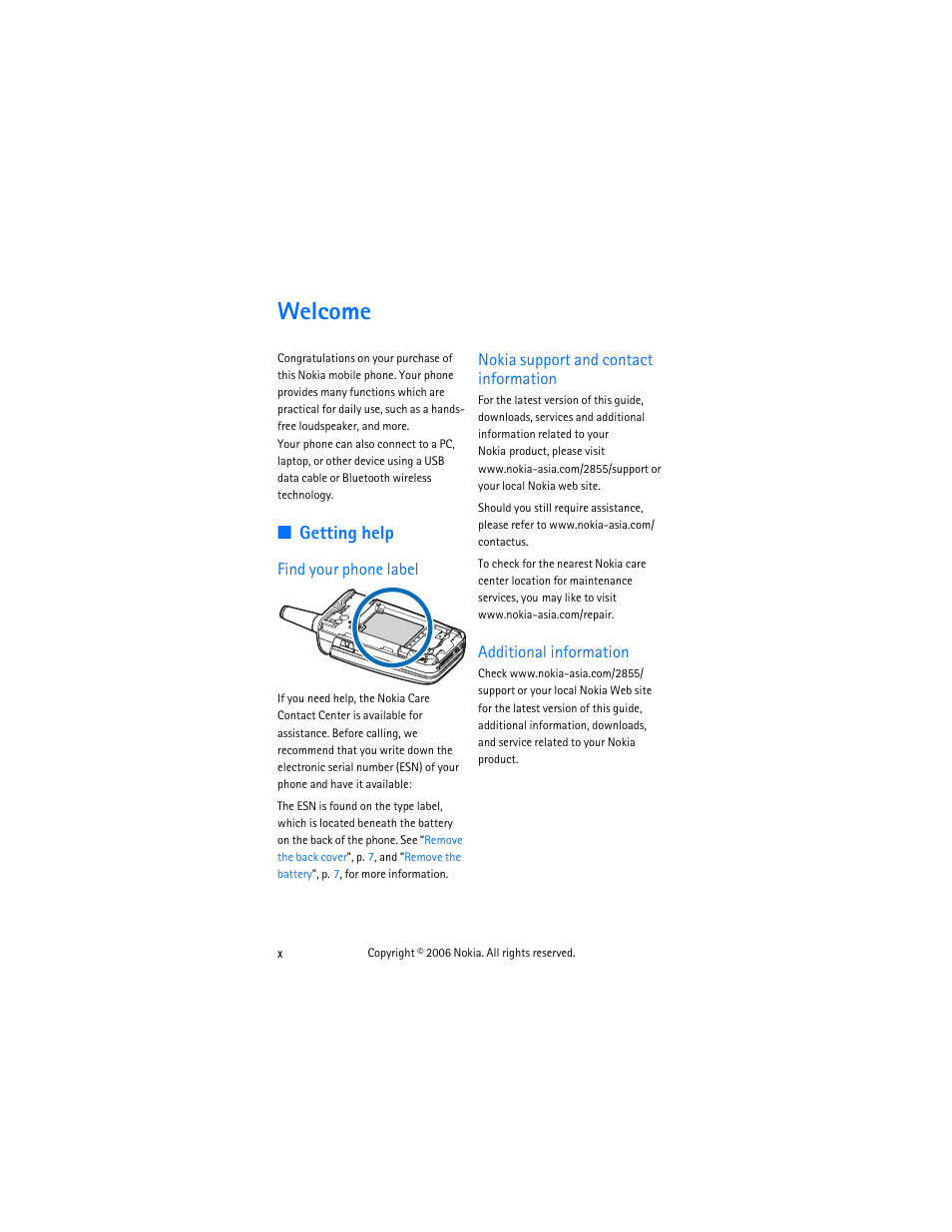 Welcome, Getting help, Find your phone label | Nokia support and contact information, Additional information | Nokia 2855 User Manual | Page 10 / 104
