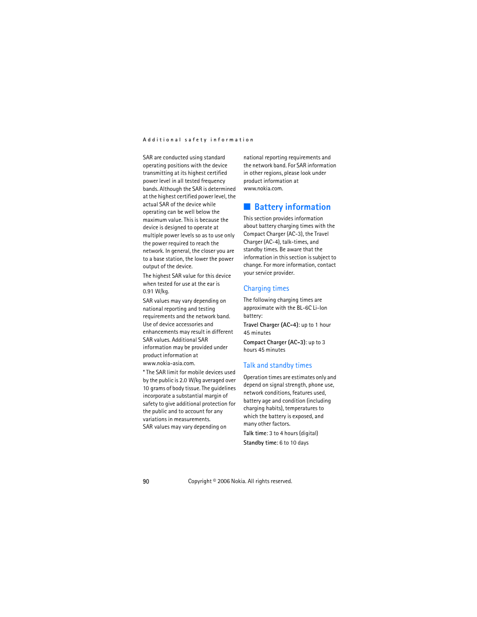 Battery information | Nokia 2855 User Manual | Page 100 / 104
