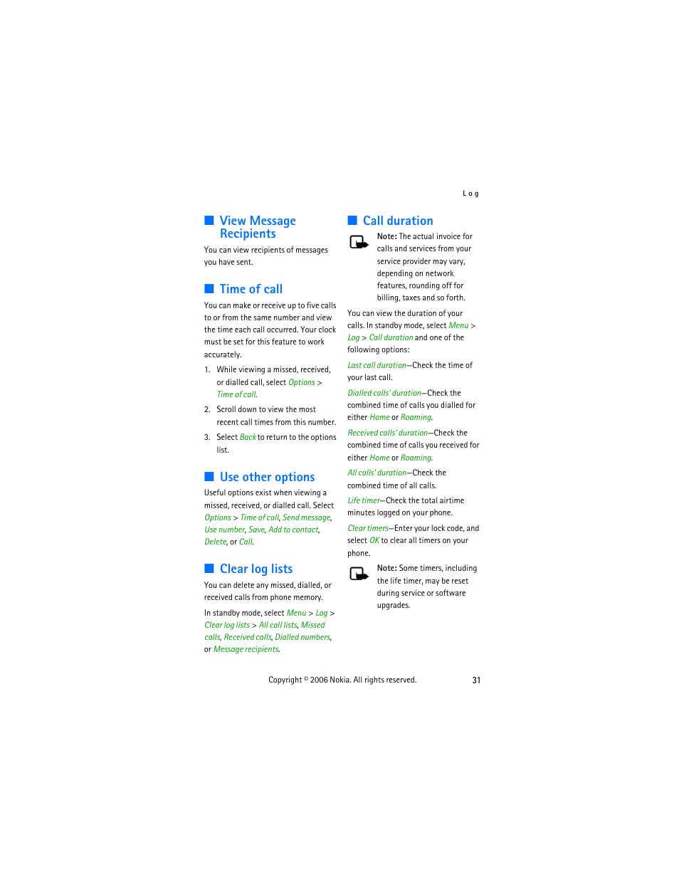 View message recipients, Time of call, Use other options | Clear log lists, Call duration | Nokia 2855 User Manual | Page 41 / 104