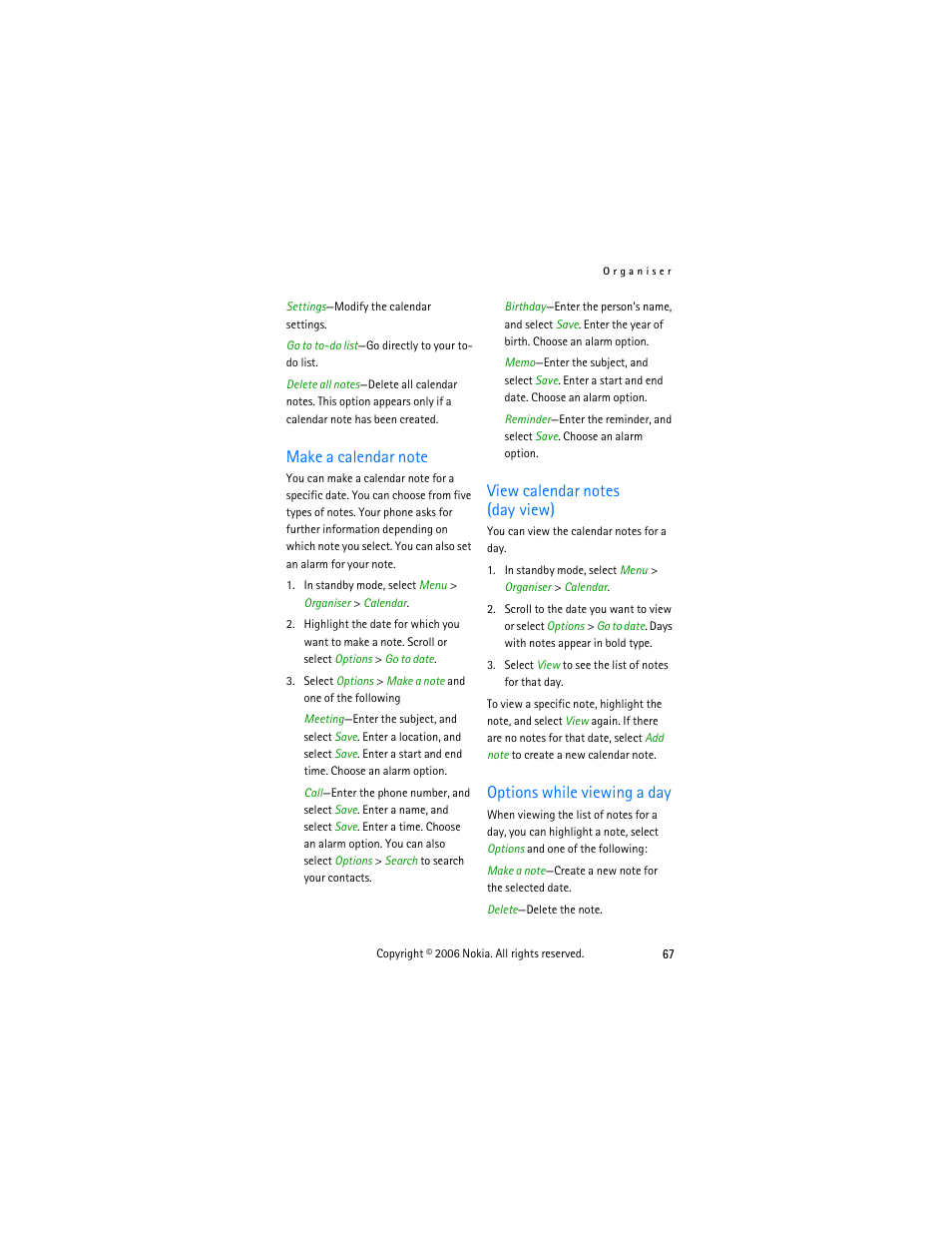 Make a calendar note, View calendar notes (day view), Options while viewing a day | Nokia 2855 User Manual | Page 77 / 104