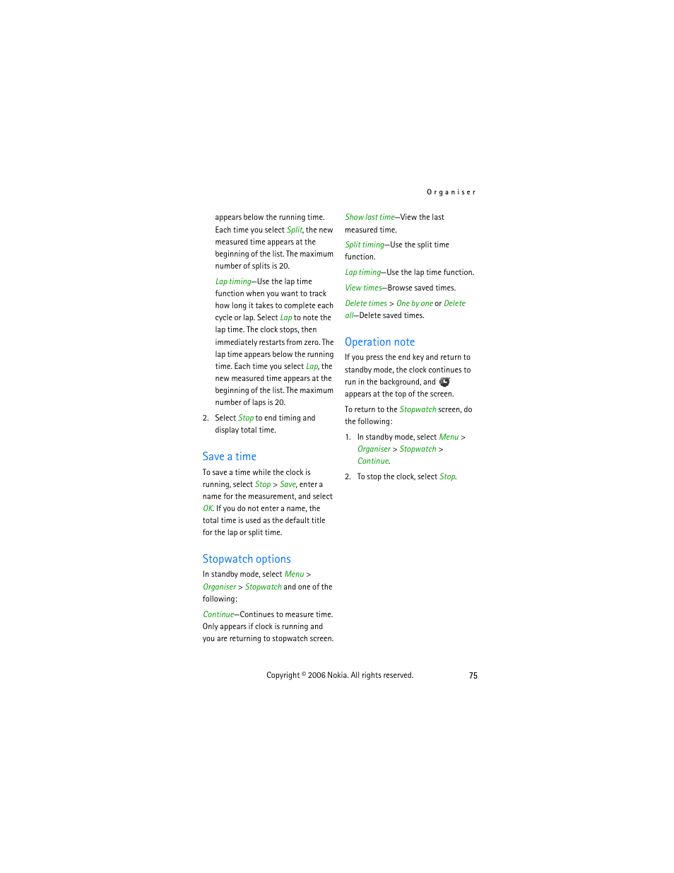 Save a time, Stopwatch options, Operation note | Save a time stopwatch options operation note | Nokia 2855 User Manual | Page 85 / 104