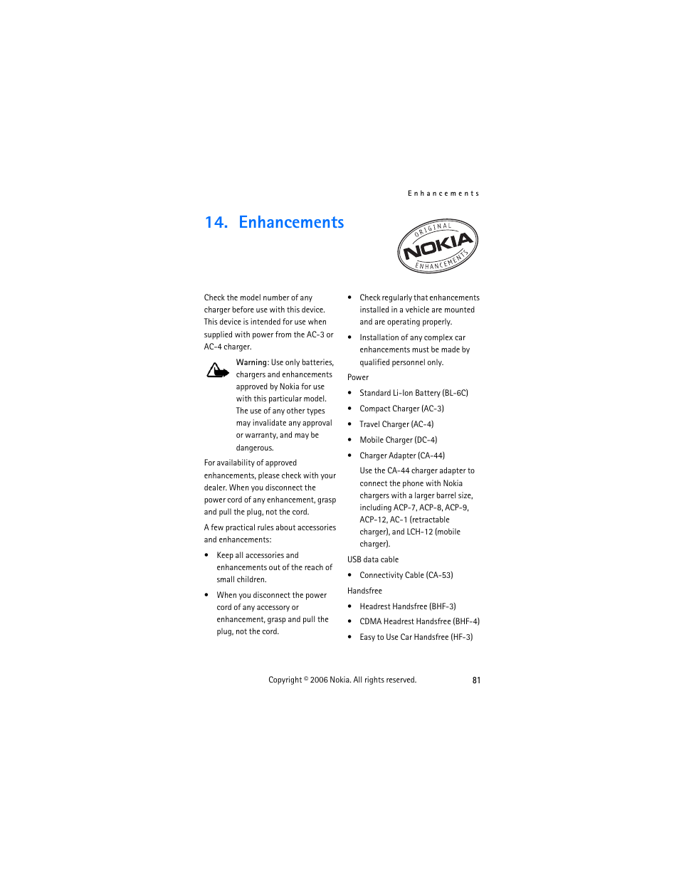 14 enhancements, Enhancements | Nokia 2855 User Manual | Page 91 / 104