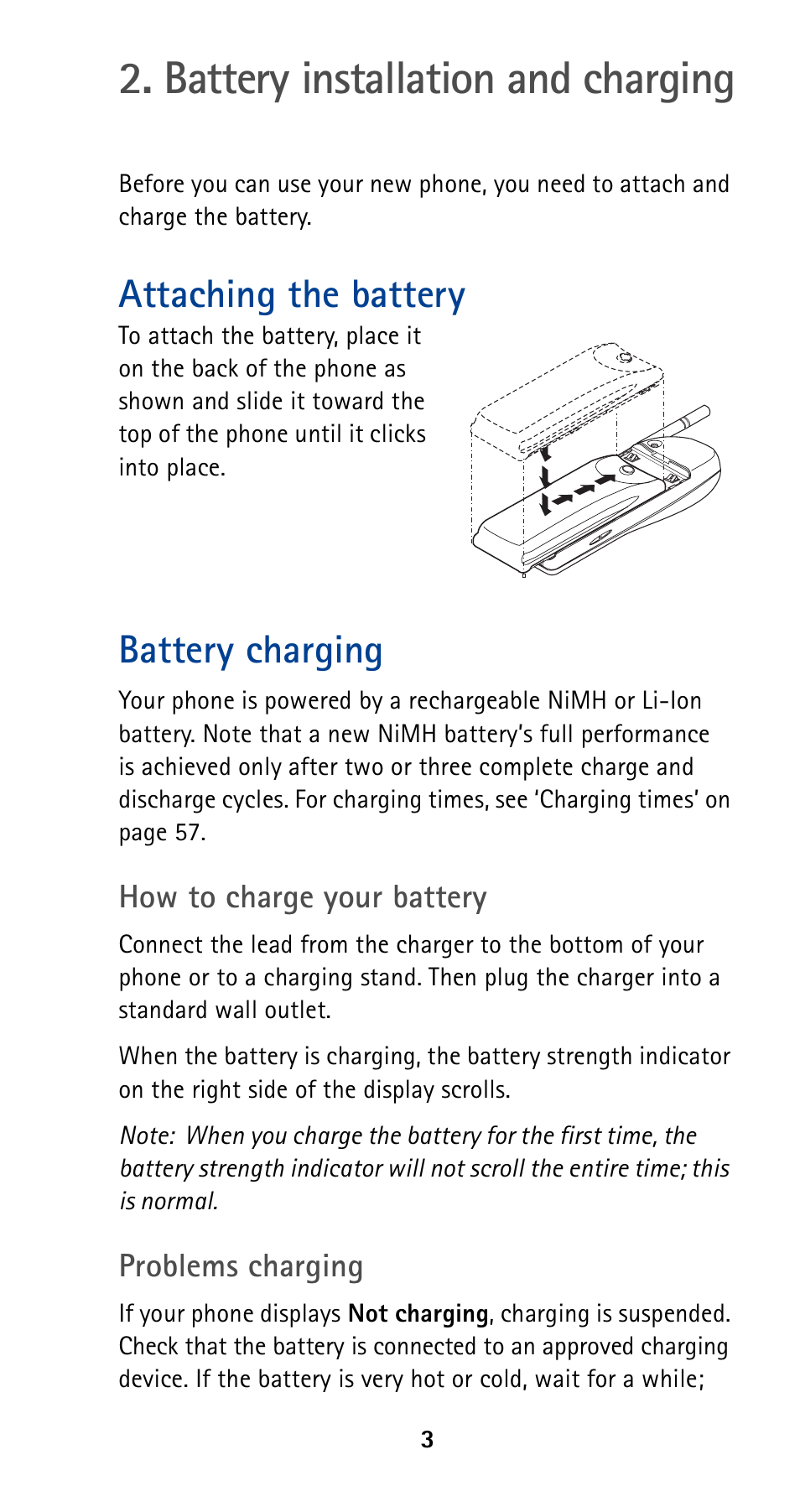 Battery installation and charging, Attaching the battery, Battery charging | Attaching the battery battery charging | Nokia 5160 User Manual | Page 10 / 81