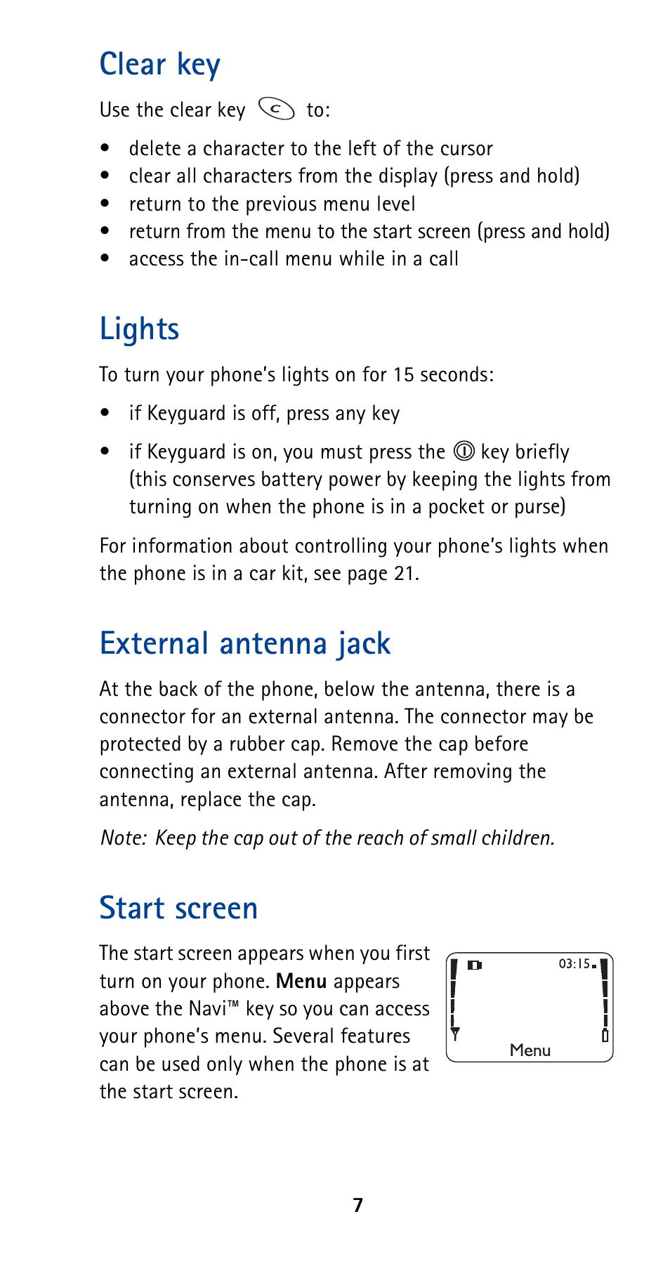 Clear key, Lights, External antenna jack | Start screen | Nokia 5160 User Manual | Page 14 / 81