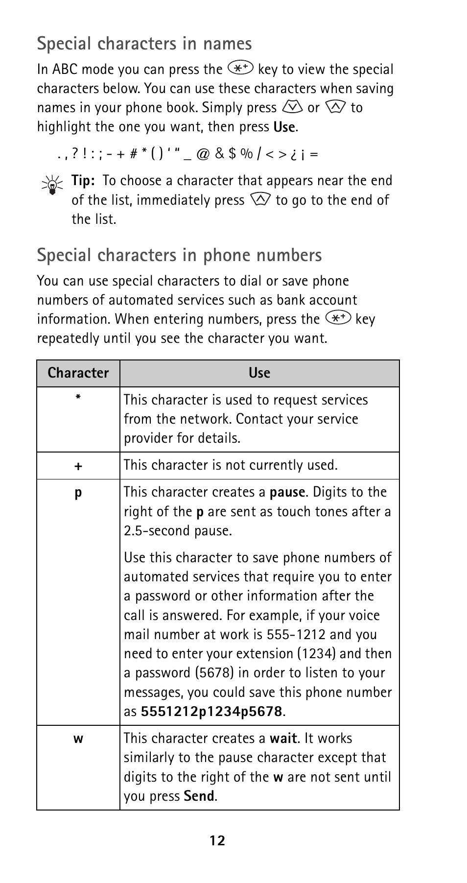 Special characters in names, Special characters in phone numbers | Nokia 5160 User Manual | Page 19 / 81