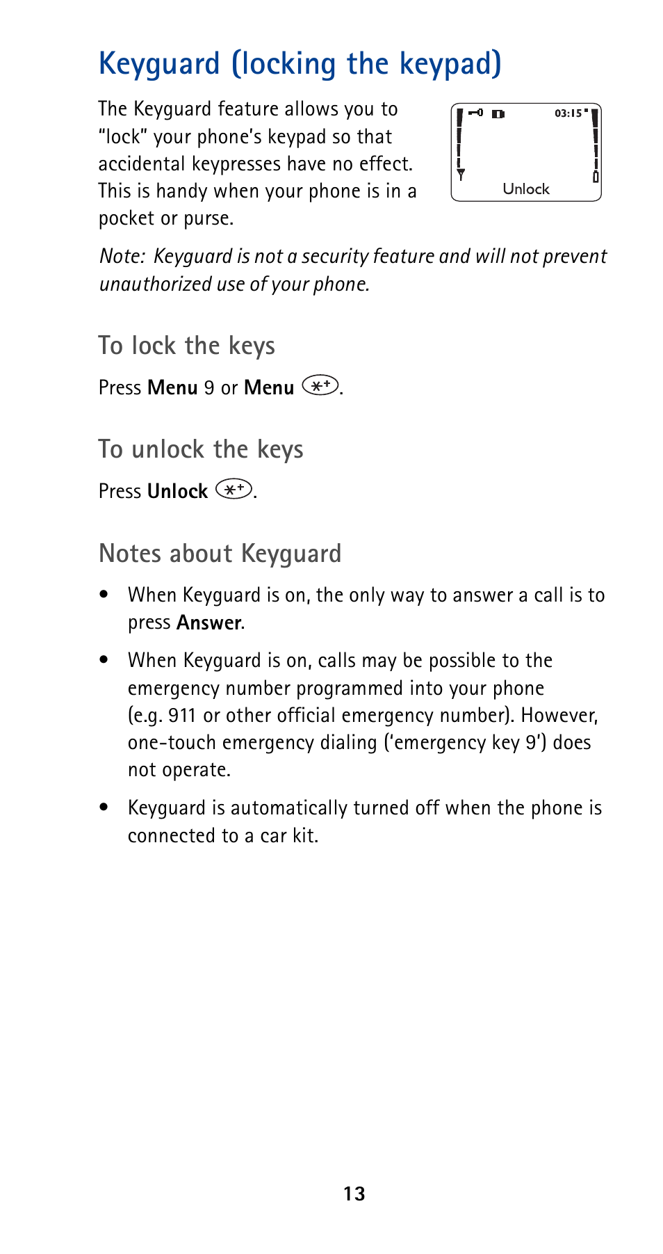 Keyguard (locking the keypad) | Nokia 5160 User Manual | Page 20 / 81