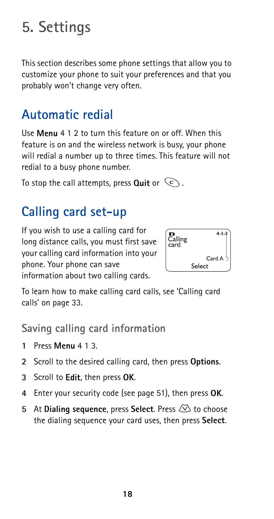 Settings, Automatic redial, Calling card set-up | Automatic redial calling card set-up | Nokia 5160 User Manual | Page 25 / 81