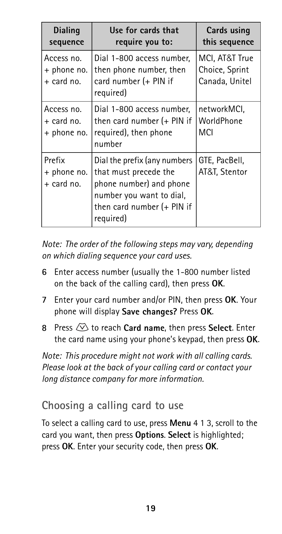 Choosing a calling card to use | Nokia 5160 User Manual | Page 26 / 81