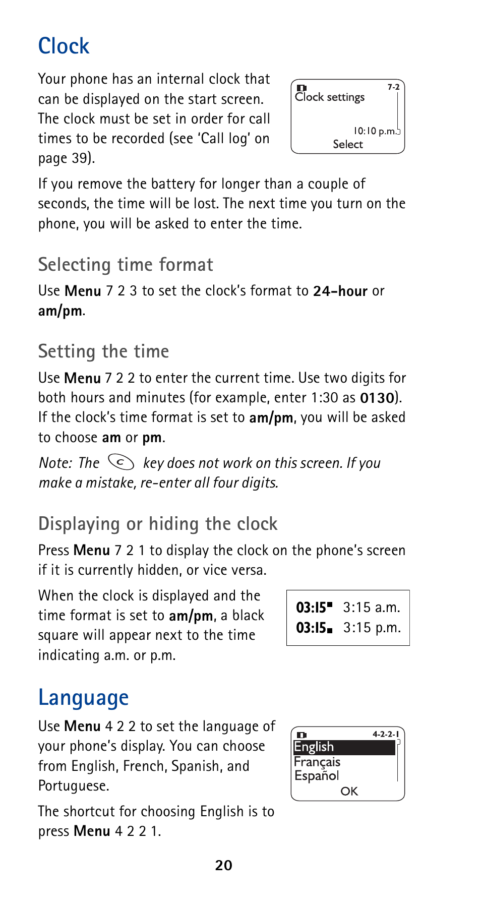 Clock, Language, Clock language | Selecting time format, Setting the time, Displaying or hiding the clock | Nokia 5160 User Manual | Page 27 / 81