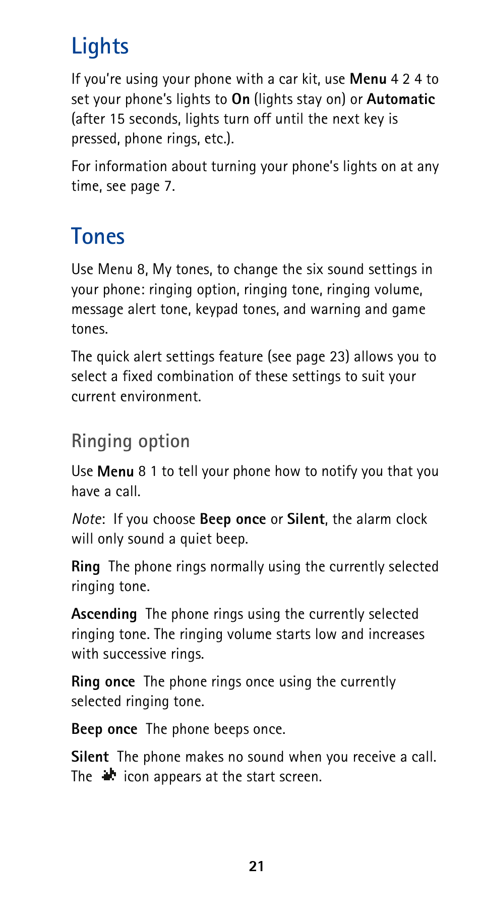 Lights, Tones, Lights tones | Ringing option | Nokia 5160 User Manual | Page 28 / 81