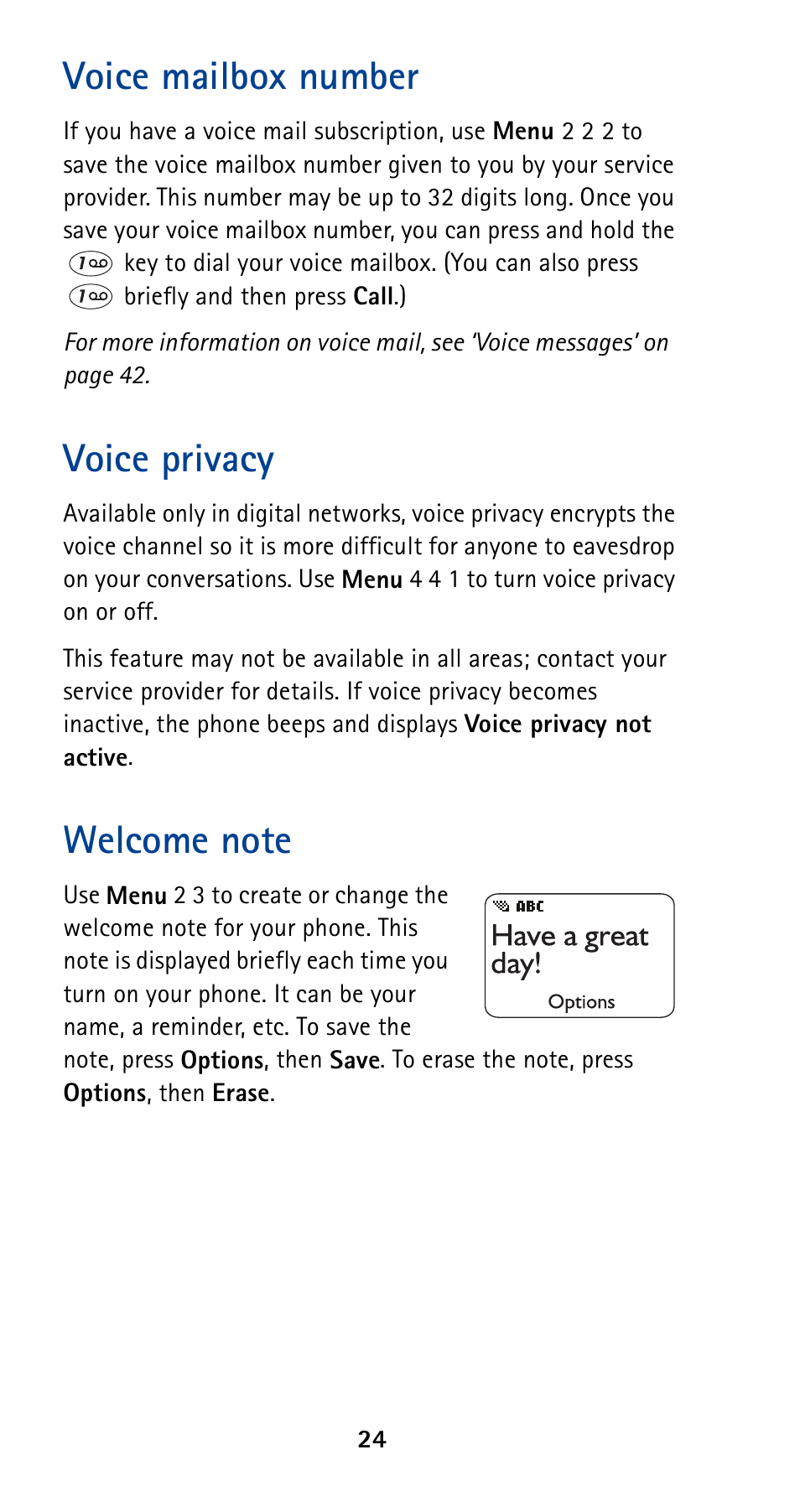 Voice mailbox number, Voice privacy, Welcome note | Voice mailbox number voice privacy welcome note | Nokia 5160 User Manual | Page 31 / 81