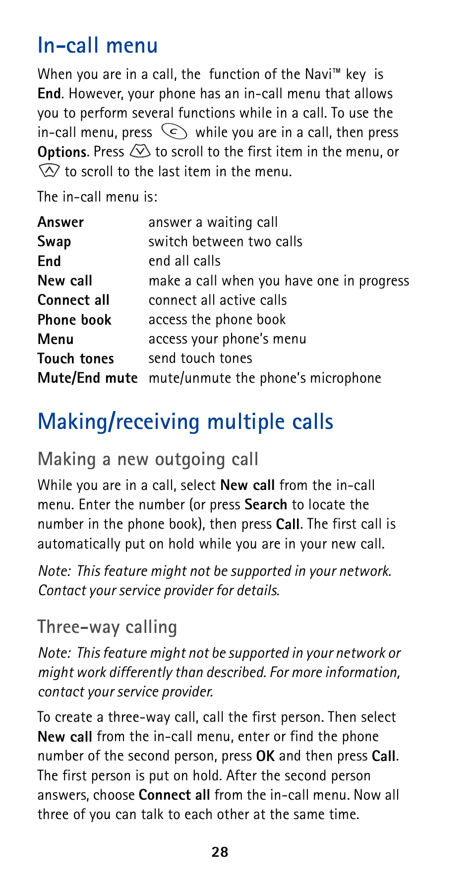 In-call menu, Making/receiving multiple calls, In-call menu making/receiving multiple calls | Making a new outgoing call, Three-way calling | Nokia 5160 User Manual | Page 35 / 81