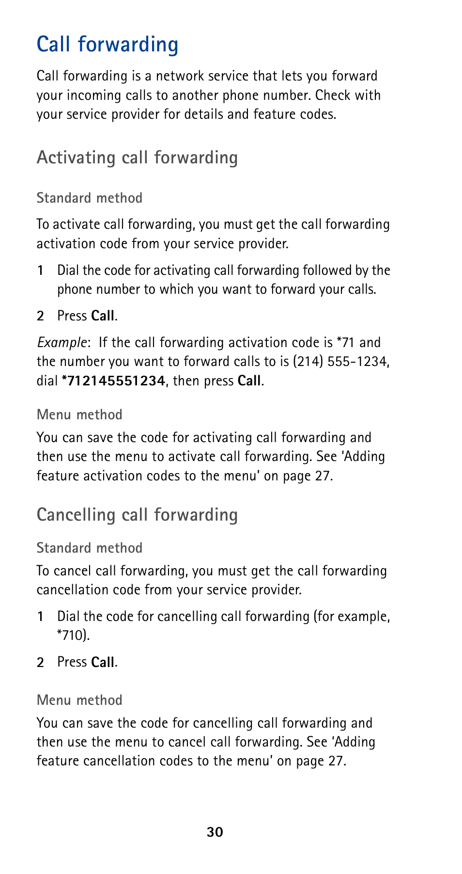 Call forwarding, Activating call forwarding, Cancelling call forwarding | Nokia 5160 User Manual | Page 37 / 81